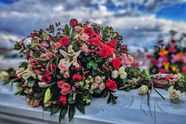 Photo casket, flowers